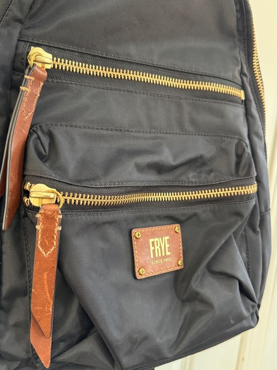 Frye Black Backpack with Brown Leather Accents and Gold Hardware